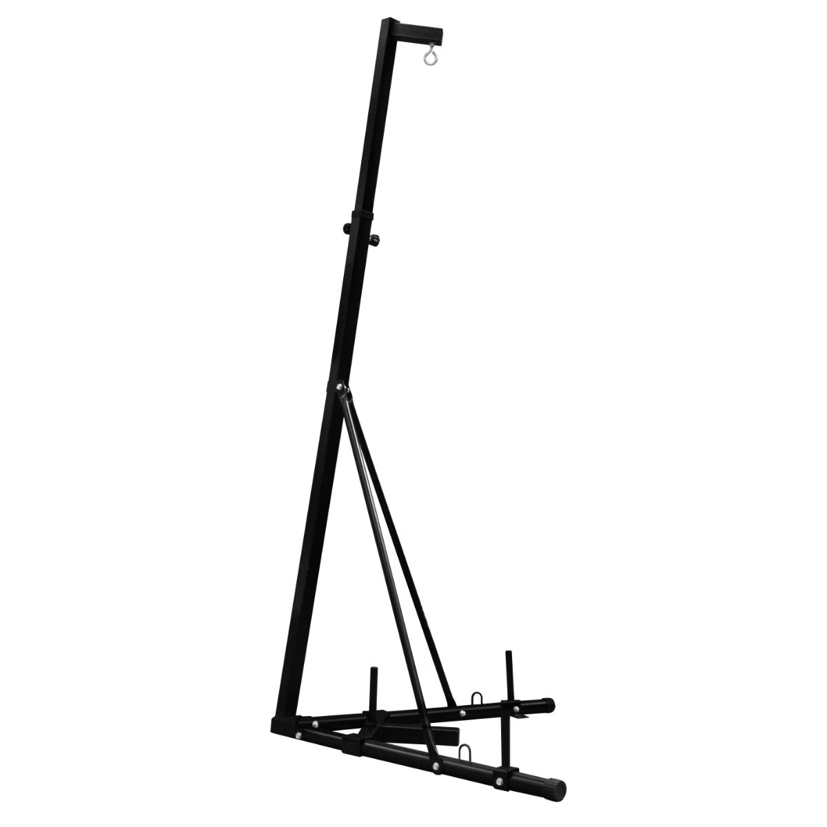 Sturdy black folding punch bag stand with a triangular base, adjustable height, and a hook for hanging the bag securely