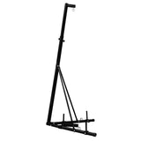 Sturdy black folding punch bag stand with a triangular base, adjustable height, and a hook for hanging the bag securely