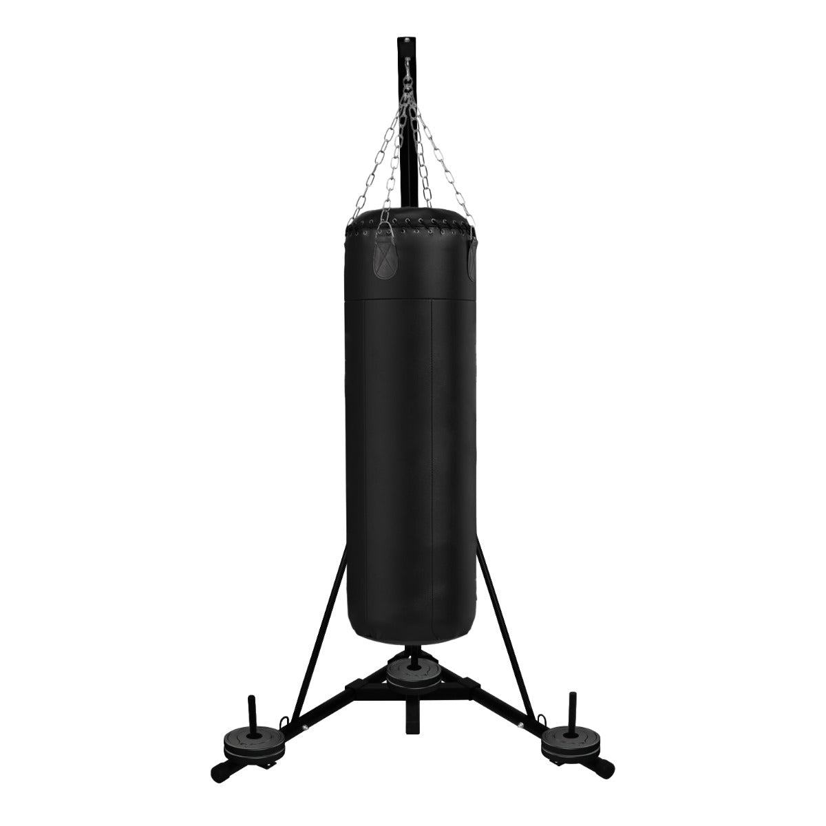 Sturdy black folding punch bag stand with a heavy bag suspended by a chain, featuring a triangular base for stability
