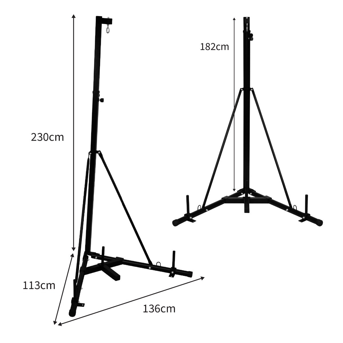 Black folding punch bag stand with adjustable height, sturdy triangular base, and durable metal construction for stability