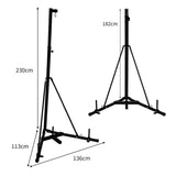 Black folding punch bag stand with adjustable height, sturdy triangular base, and durable metal construction for stability
