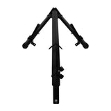 Sturdy black folding punch bag stand with a triangular frame, adjustable height, and rubber feet for stability on various surfaces