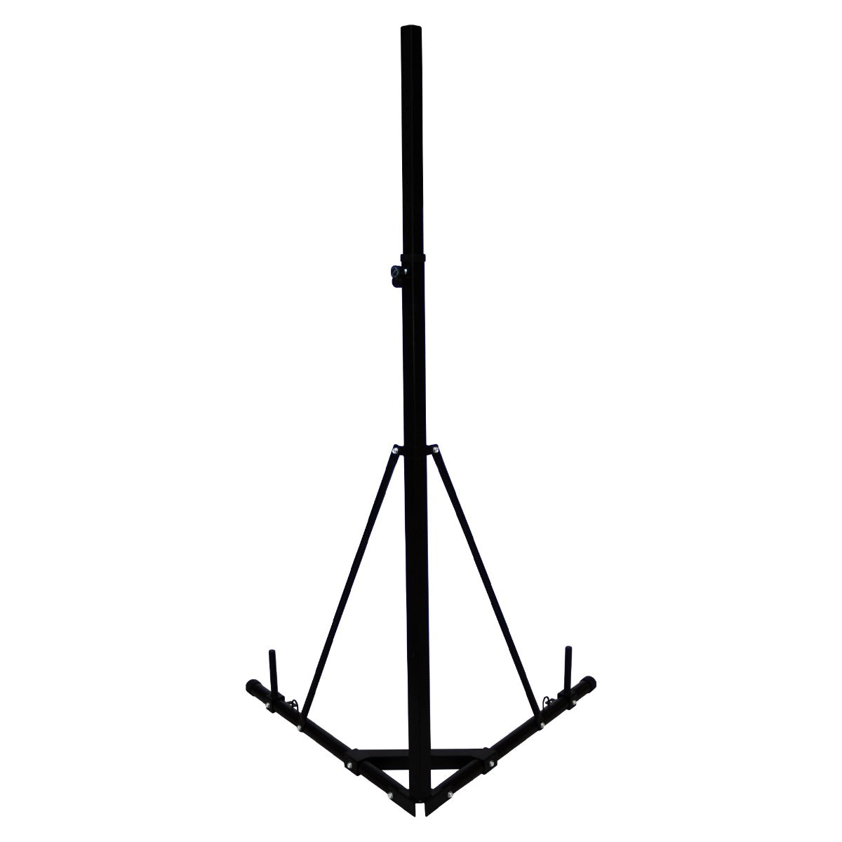 Sturdy black folding punch bag stand with a triangular base, adjustable height, and secure support arms for stability