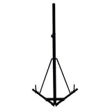 Sturdy black folding punch bag stand with a triangular base, adjustable height, and secure support arms for stability
