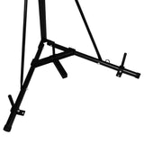 Sturdy black metal folding punch bag stand with a triangular base and adjustable support arms for stability and convenience