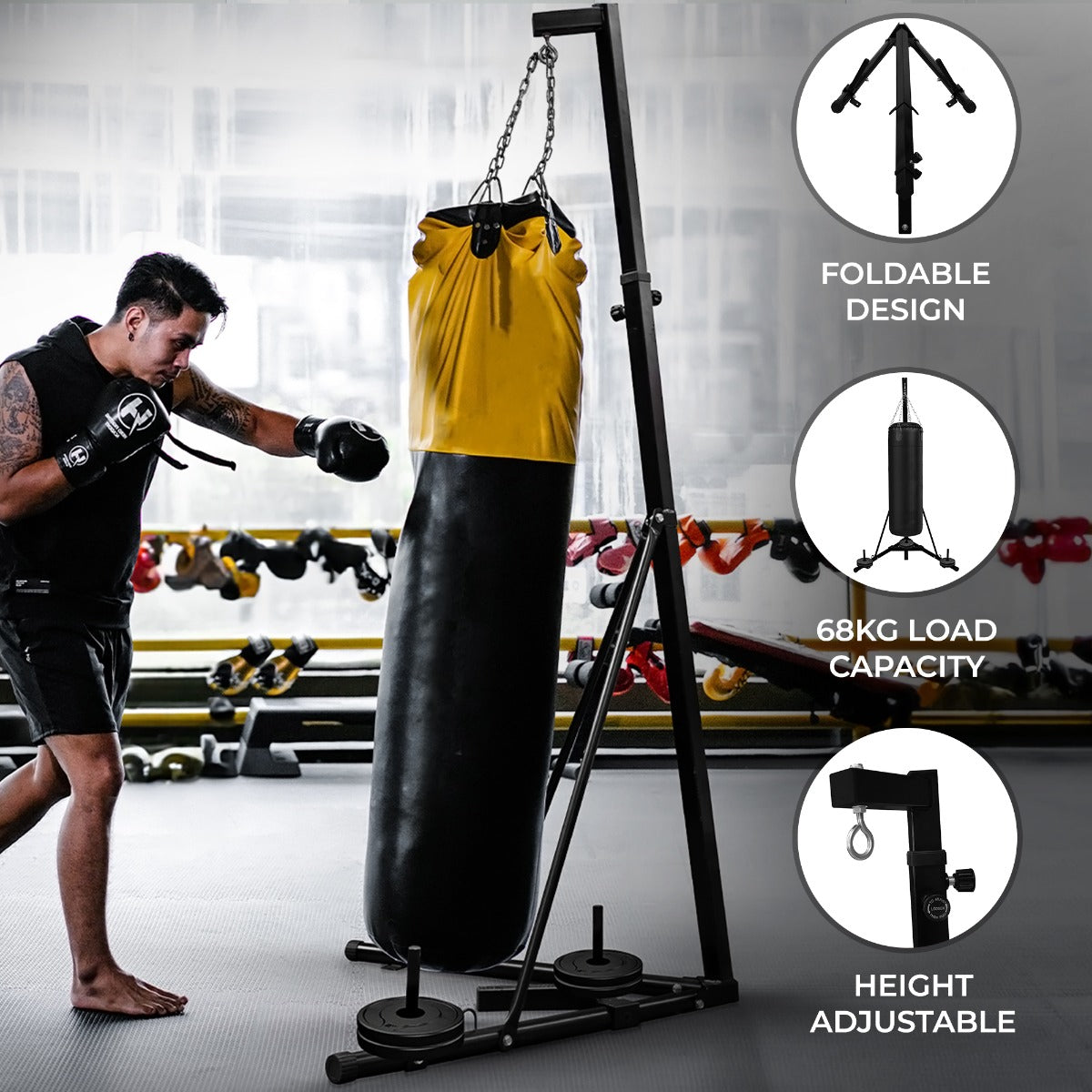 Folding punch bag stand with a sturdy black frame, adjustable height, and a yellow punching bag, ideal for home workouts