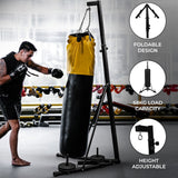 Folding punch bag stand with a sturdy black frame, adjustable height, and a yellow punching bag, ideal for home workouts