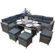 Grey rattan corner set featuring plush cushions, a glass-top table, and decorative tableware, ideal for outdoor lounging and dining