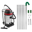 Maxblast gutter vacuum with shiny stainless steel body, red accents, multiple aluminum poles, and green curved nozzle for efficient cleaning