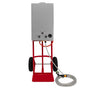 Portable 18L horse shower with a sleek silver tank, red wheeled cart, and flexible hose for easy outdoor use and mobility