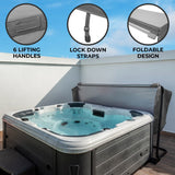 Grey 2.2m hot tub spa cover featuring six lifting handles, lock down straps, and a foldable design for easy storage and use