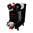 Automatic cup sealing machine with a sleek black body, dual film rollers, digital display, and a red cup holder for efficient sealing