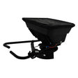 Black ATV mounted spreader with a sturdy frame, large hopper, and protective cover, designed for efficient spreading of materials