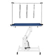 White hydraulic grooming table with a blue textured top, adjustable height, and three overhead restraint straps for pet grooming