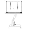 White hydraulic grooming table with a grey tabletop, adjustable height, and three black restraint straps for pet grooming stability