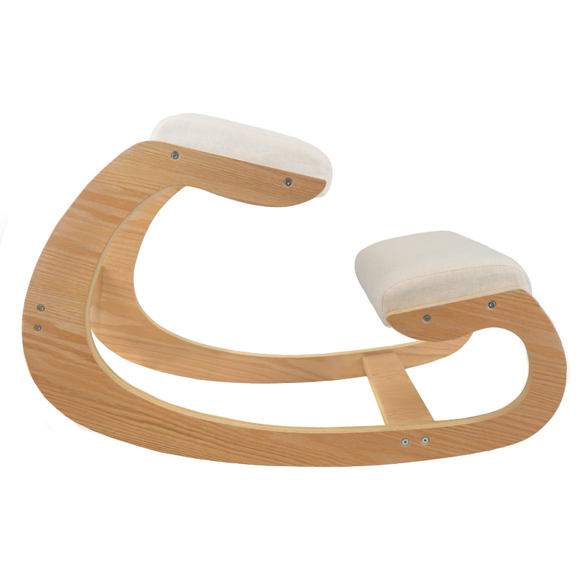 Ergonomic kneeling chair with a curved wooden frame and soft, cream-colored fabric cushions for comfort and support