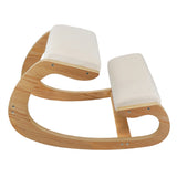 Ergonomic kneeling chair with a curved wooden frame and soft cream fabric cushions, designed for comfort and posture support