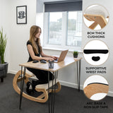 Ergonomic kneeling chair with 8cm thick cushions, wooden arc base, and non-slip tape, supporting a user at a modern desk