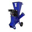 Blue T-Mech 7HP wood chipper with a large hopper, sturdy wheels, and a wide discharge chute for efficient wood processing