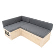 L-shaped camper van bed with soft gray cushions, light wood frame, and built-in storage, perfect for maximizing space and comfort