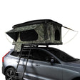 Camouflage car roof tent with large windows, sturdy fabric, and a ladder, positioned on a sleek silver SUV for outdoor adventures