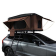 Brown car roof tent with a sturdy frame, featuring mesh windows, a zippered entrance, and a ladder for easy access