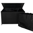 Stylish black rattan cushion storage box with a spacious interior, featuring a textured weave and a hinged lid for easy access