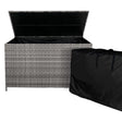 Grey rattan cushion storage box with a spacious interior, featuring a hinged lid and a sleek, textured finish for outdoor use