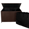 Brown rattan cushion storage box with a spacious interior, textured weave design, and a black protective cover for outdoor use