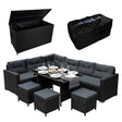 Black rattan corner set with plush gray cushions, a glass-top table, and a spacious storage box for outdoor organization