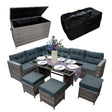Grey rattan corner set with plush cushions, glass-top table, and a spacious black storage box for outdoor organization