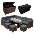Stylish brown rattan corner set with plush gray cushions and a spacious storage box, perfect for outdoor dining and relaxation