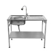 Stainless steel folding camping sink with a single basin, integrated draining board, and sturdy legs for outdoor use