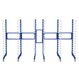 Blue metal spray drying rack trolley with three sections and two connectors, featuring multiple drying pegs and sturdy wheels for mobility