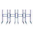 Four blue spray drying rack trolleys with three connectors, featuring multiple drying pegs and a sturdy metal frame for efficient use