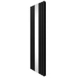 Sleek black flat mirror radiator, 1800mm x 565mm, featuring a modern design with vertical lines and a polished reflective surface
