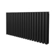 Sleek black oval column radiator with a modern design, measuring 600mm x 1200mm, featuring smooth, matte finish and vertical tubes