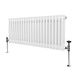 Traditional white 2 column radiator with a smooth finish, featuring chrome valves and a sleek, elongated design for efficient heating