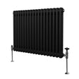 Traditional black 2 column radiator with a sleek design, featuring rounded edges and chrome valves for a modern touch