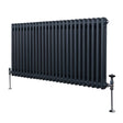 Traditional anthracite grey 2 column radiator with a sleek, ribbed design, featuring polished chrome valves and sturdy feet