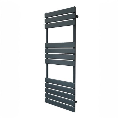 Anthracite grey flat panel towel radiator, 1200mm x 450mm, featuring sleek horizontal bars and a modern minimalist design