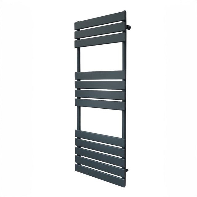 Anthracite grey flat panel towel radiator, 1200mm x 450mm, featuring sleek horizontal bars and a modern minimalist design