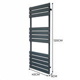 Flat panel towel radiator in anthracite grey, measuring 1200mm x 450mm, features sleek horizontal bars and a modern design