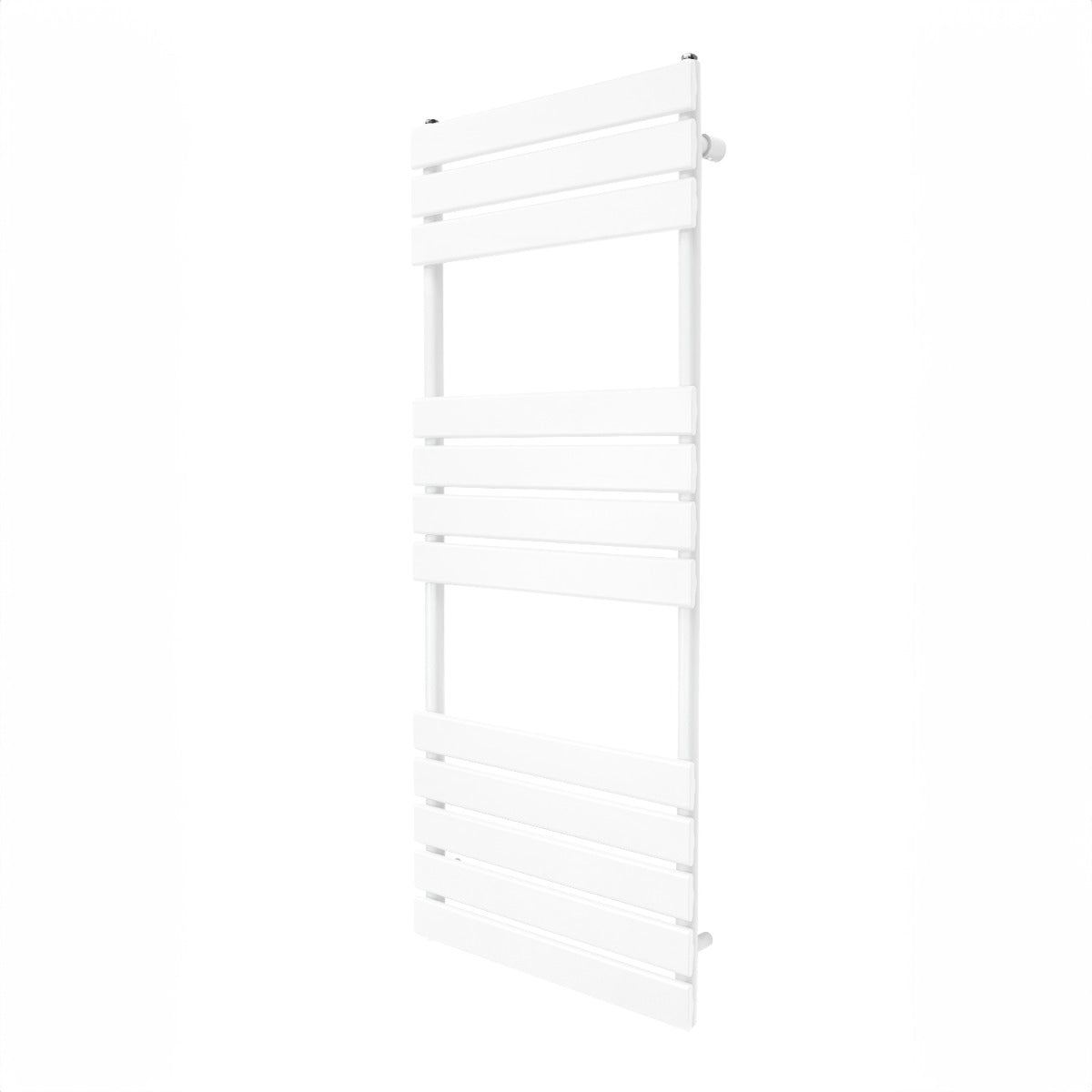 Sleek white flat panel towel radiator, 1200mm x 450mm, featuring horizontal slats for efficient drying and modern design
