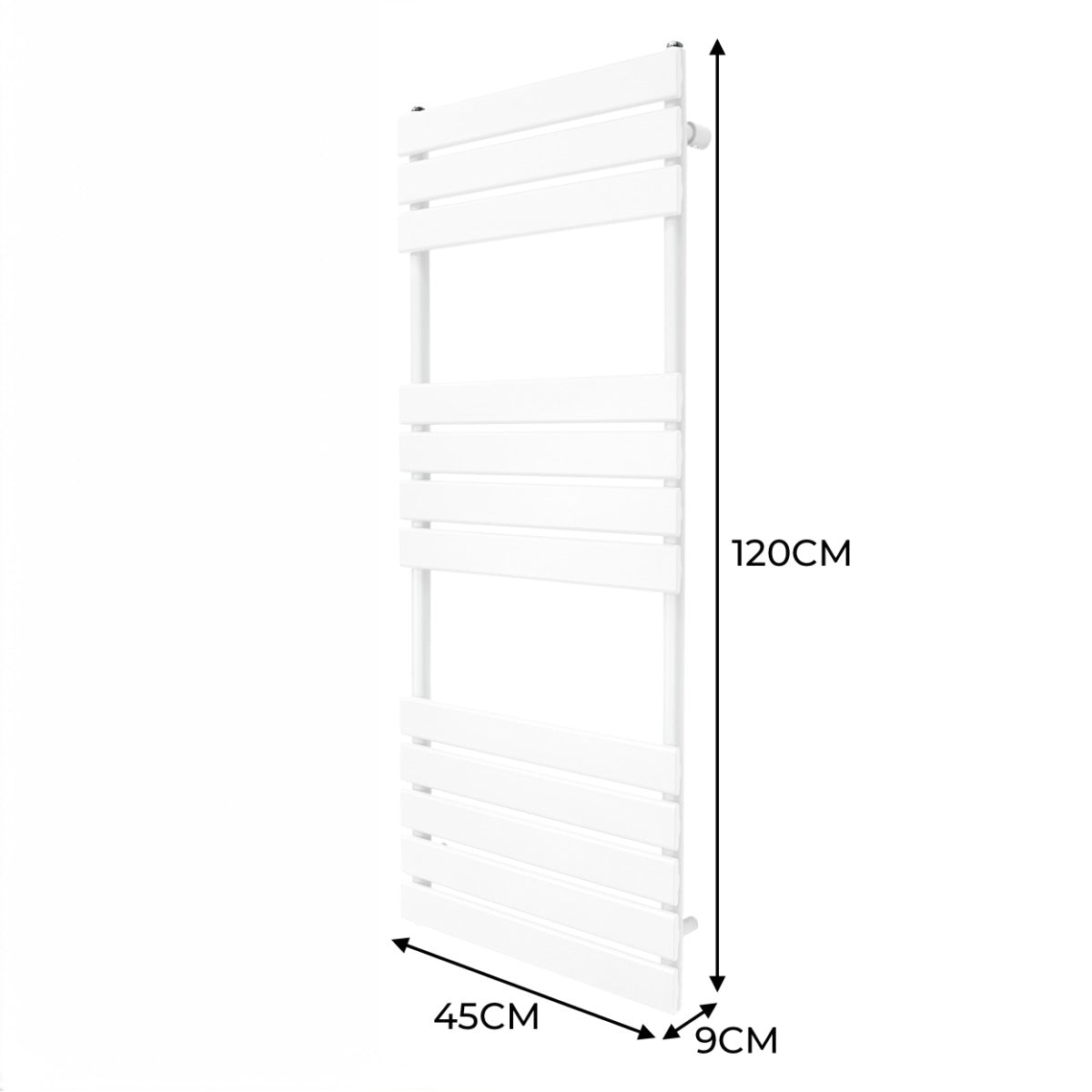 Sleek white flat panel towel radiator measuring 1200mm x 450mm, featuring horizontal slats for efficient drying and modern design