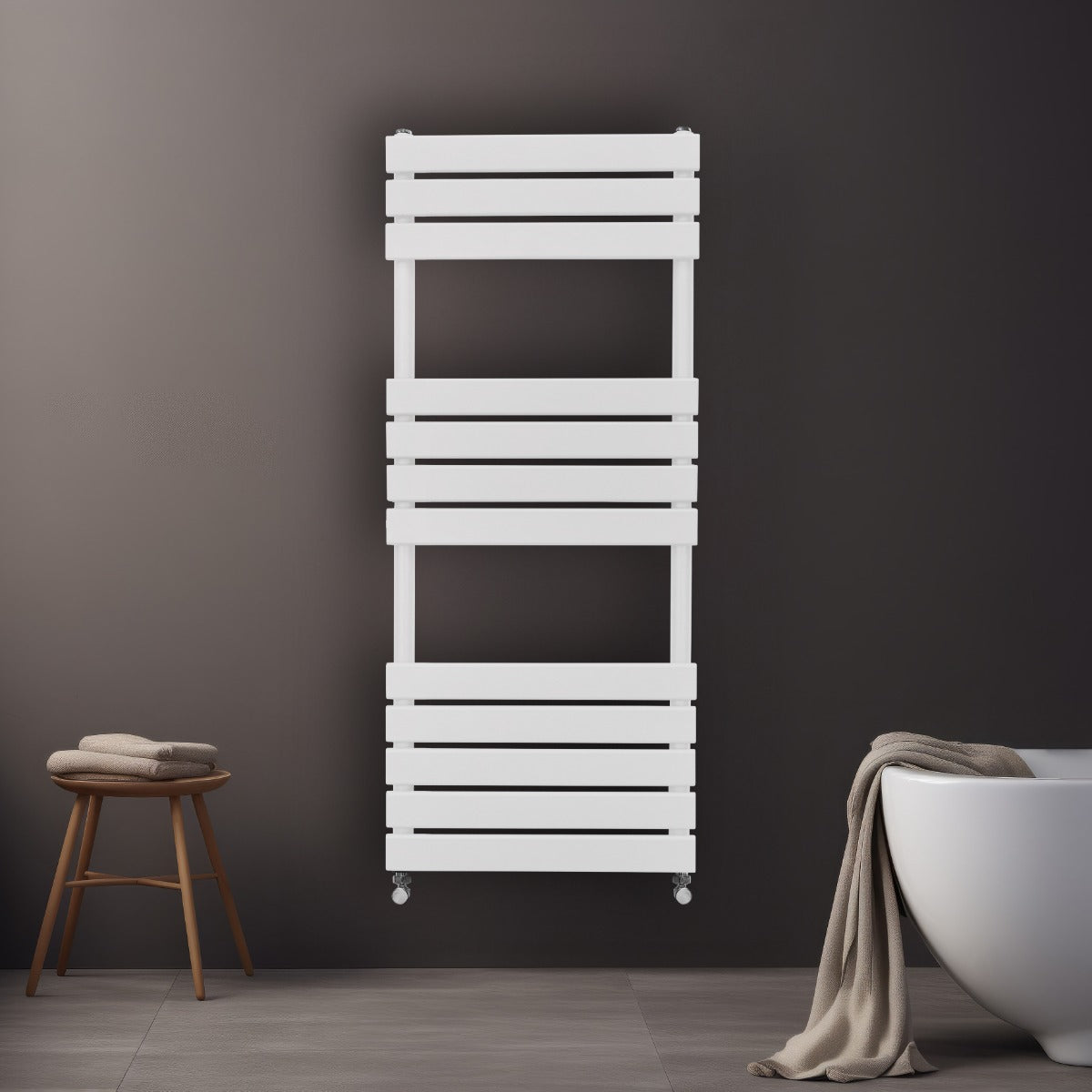 Sleek white flat panel towel radiator with three horizontal slats, mounted on a dark wall, beside a modern bathtub and wooden stool