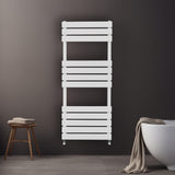 Sleek white flat panel towel radiator with three horizontal slats, mounted on a dark wall, beside a modern bathtub and wooden stool