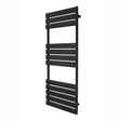 Sleek black flat panel towel radiator, 1200mm x 450mm, featuring horizontal slats for efficient drying and modern design