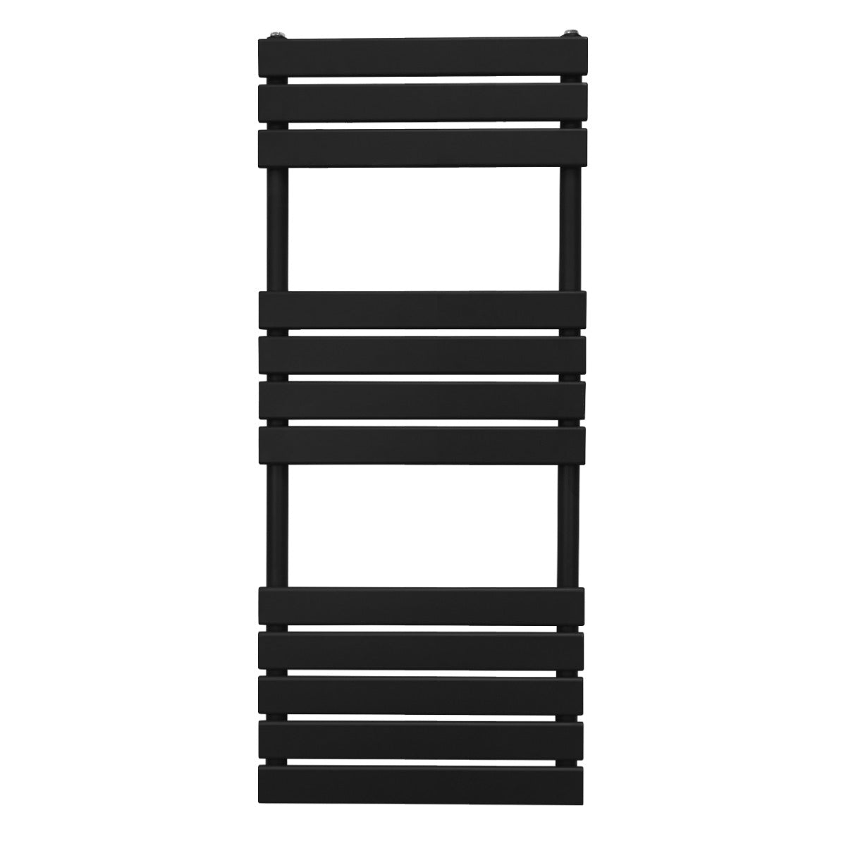 Sleek black flat panel towel radiator with horizontal slats, measuring 1200mm x 450mm, designed for modern bathrooms and efficient heating