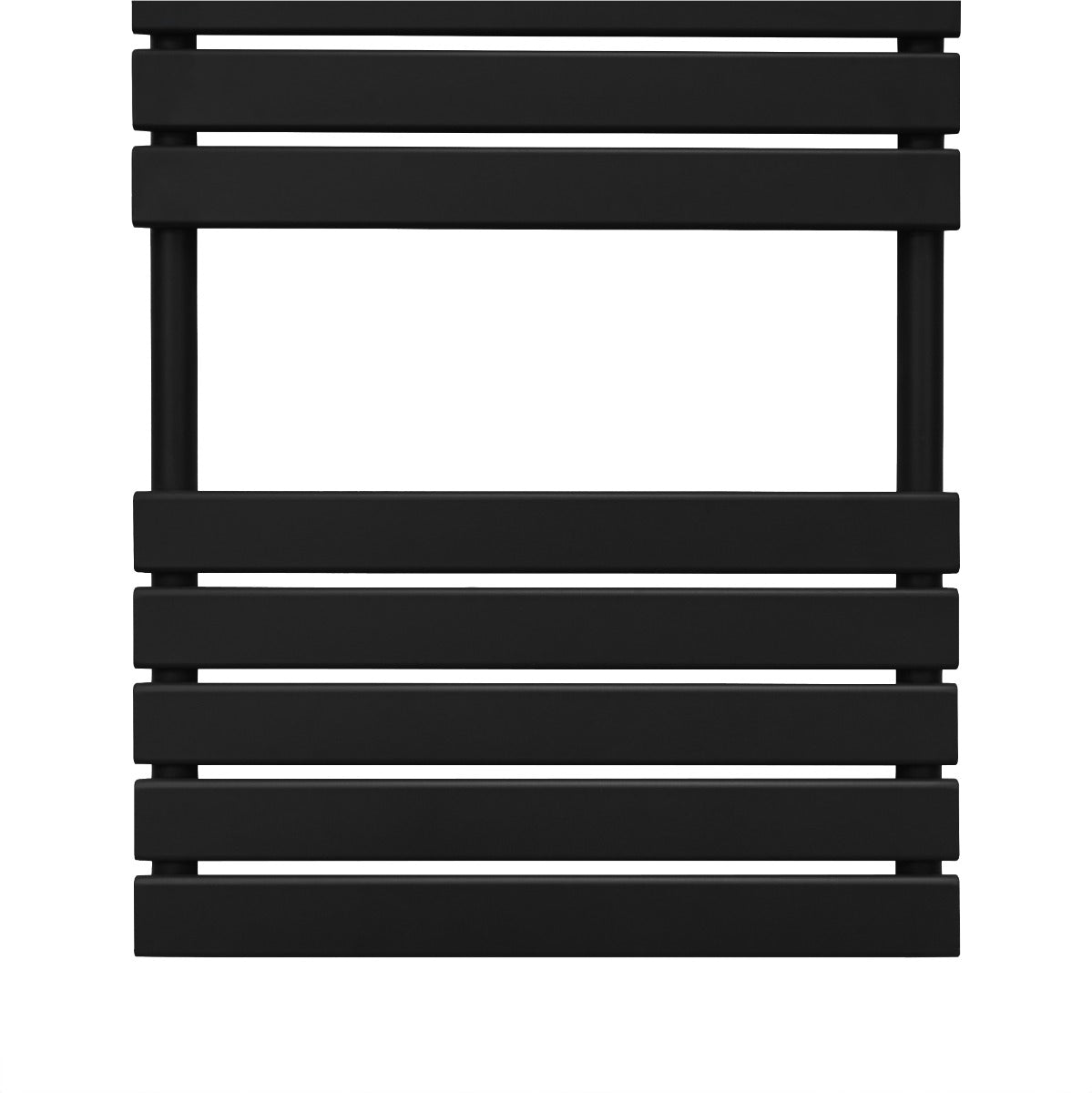 Sleek black flat panel towel radiator with horizontal slats, measuring 1200mm x 450mm, designed for modern bathrooms